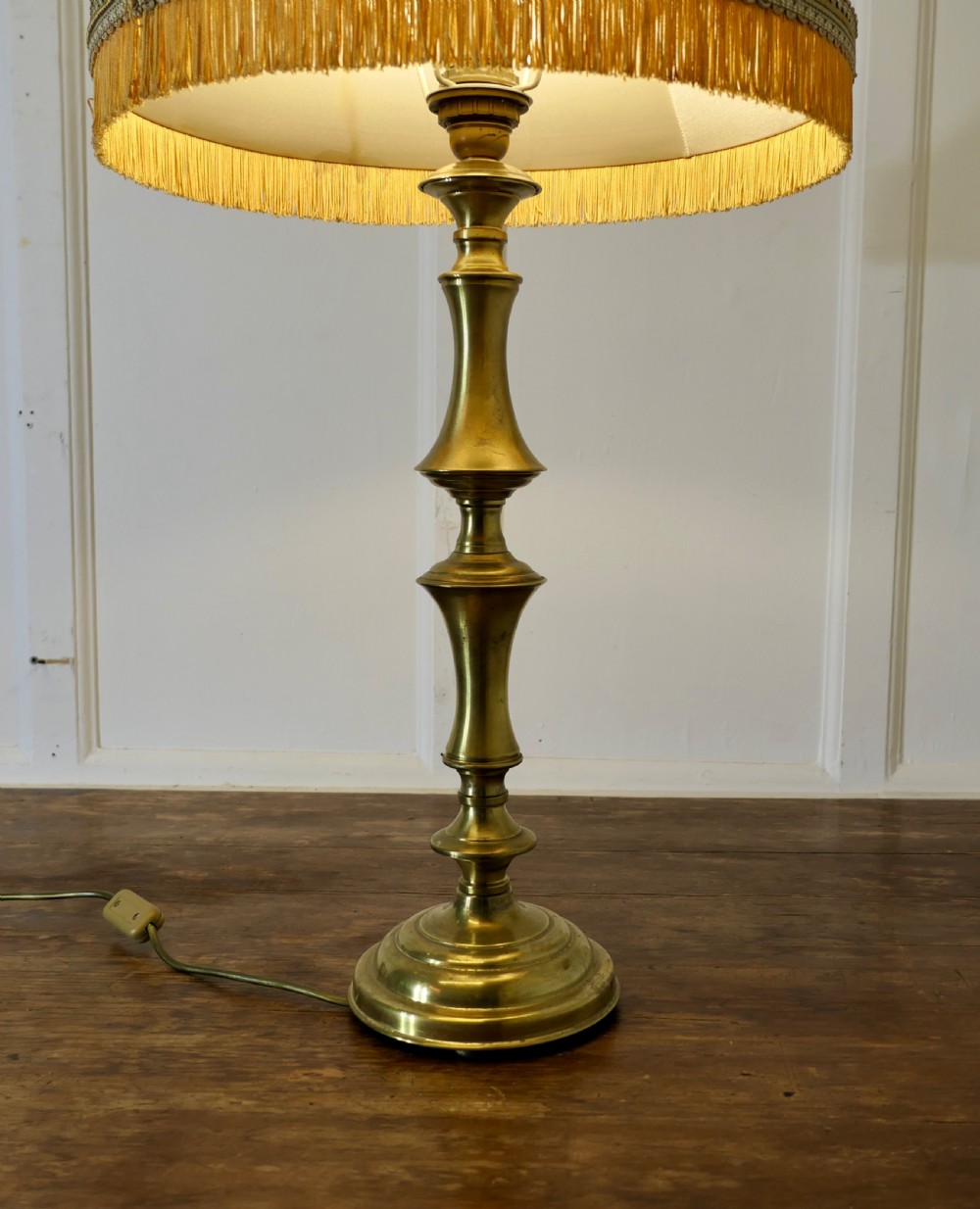 Tall Turned Column Brass Table Lamp, with Oversize Shade View II