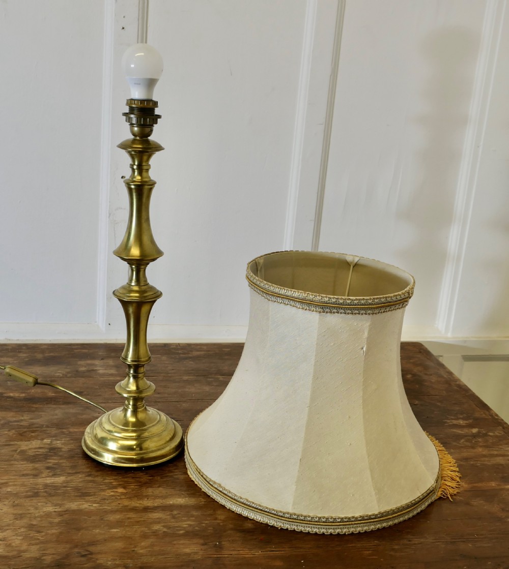 Tall Turned Column Brass Table Lamp, with Oversize Shade View VIII