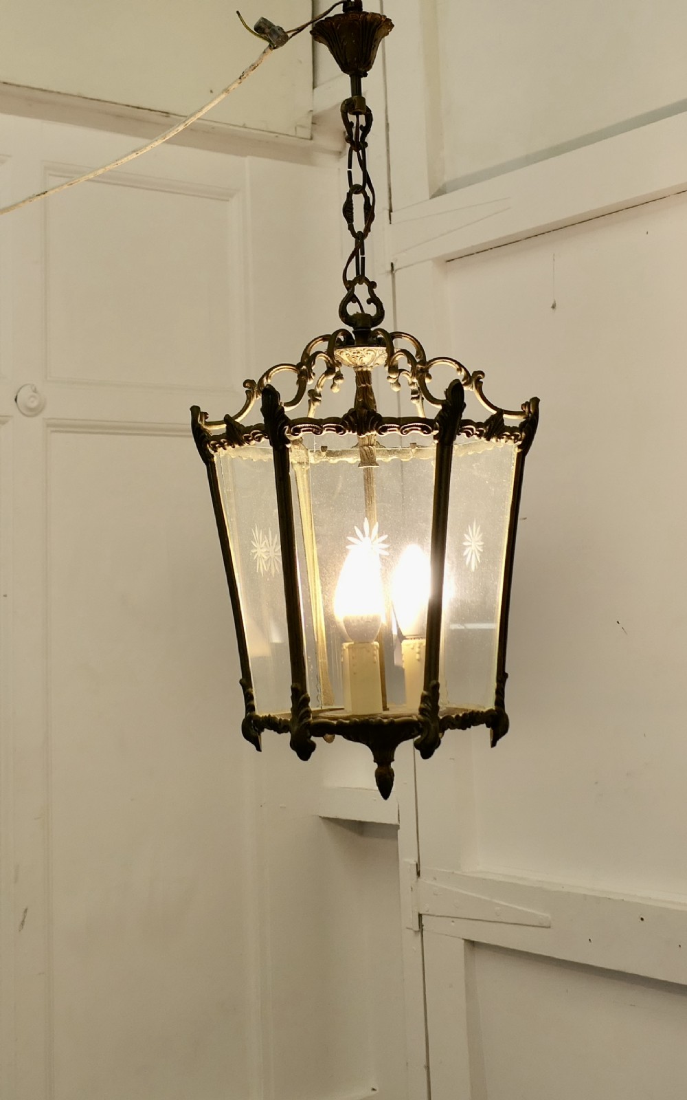 French Rococo Style Brass and Etched Glass Lantern Hall Light