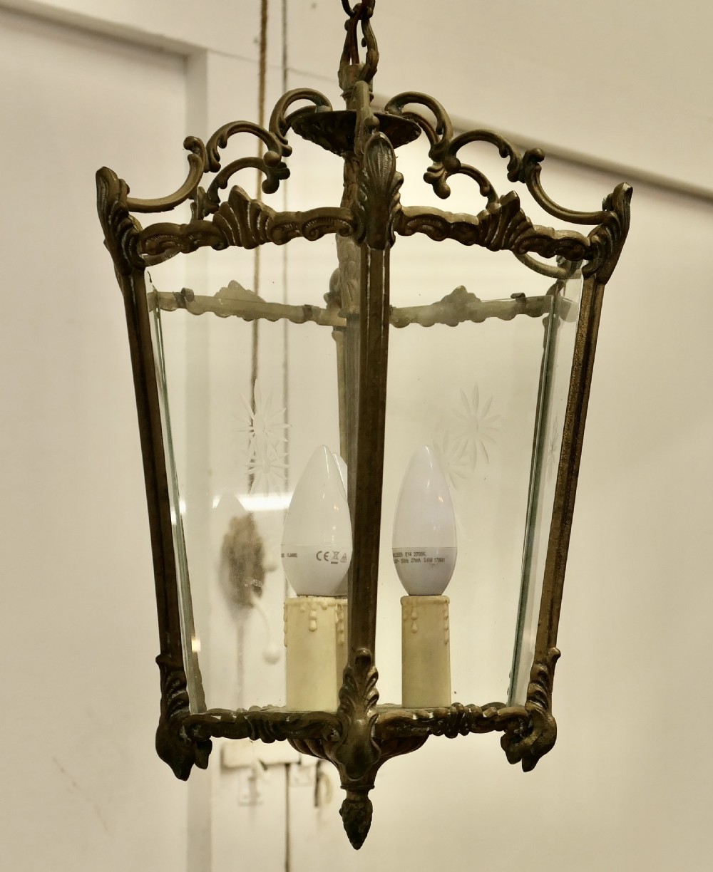 French Rococo Style Brass and Etched Glass Lantern Hall Light View VII