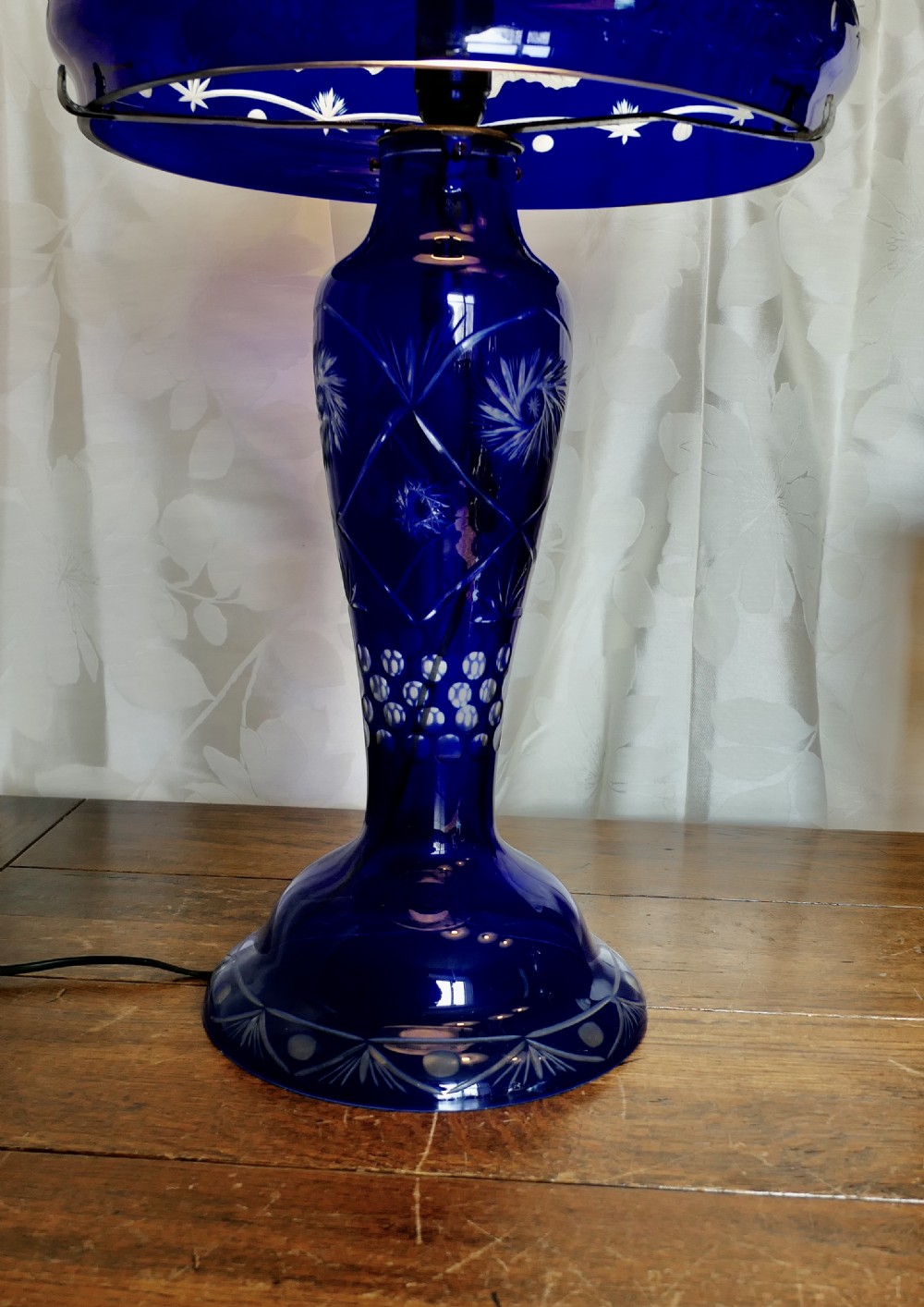 Bristol Cobalt Blue Cut Glass Lamp with Glass Shade View VI