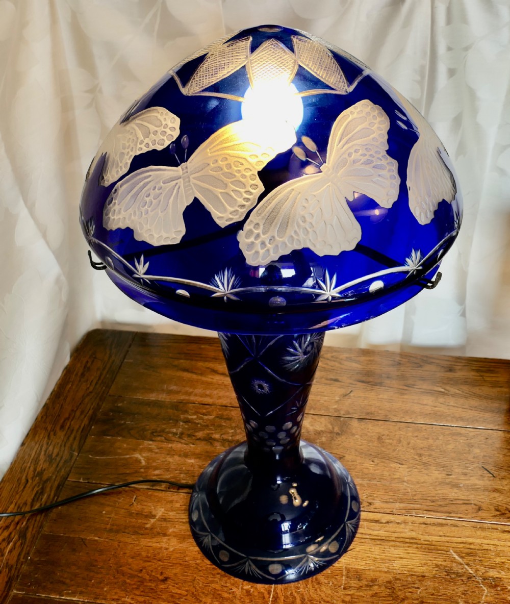 Bristol Cobalt Blue Cut Glass Lamp with Glass Shade View VII