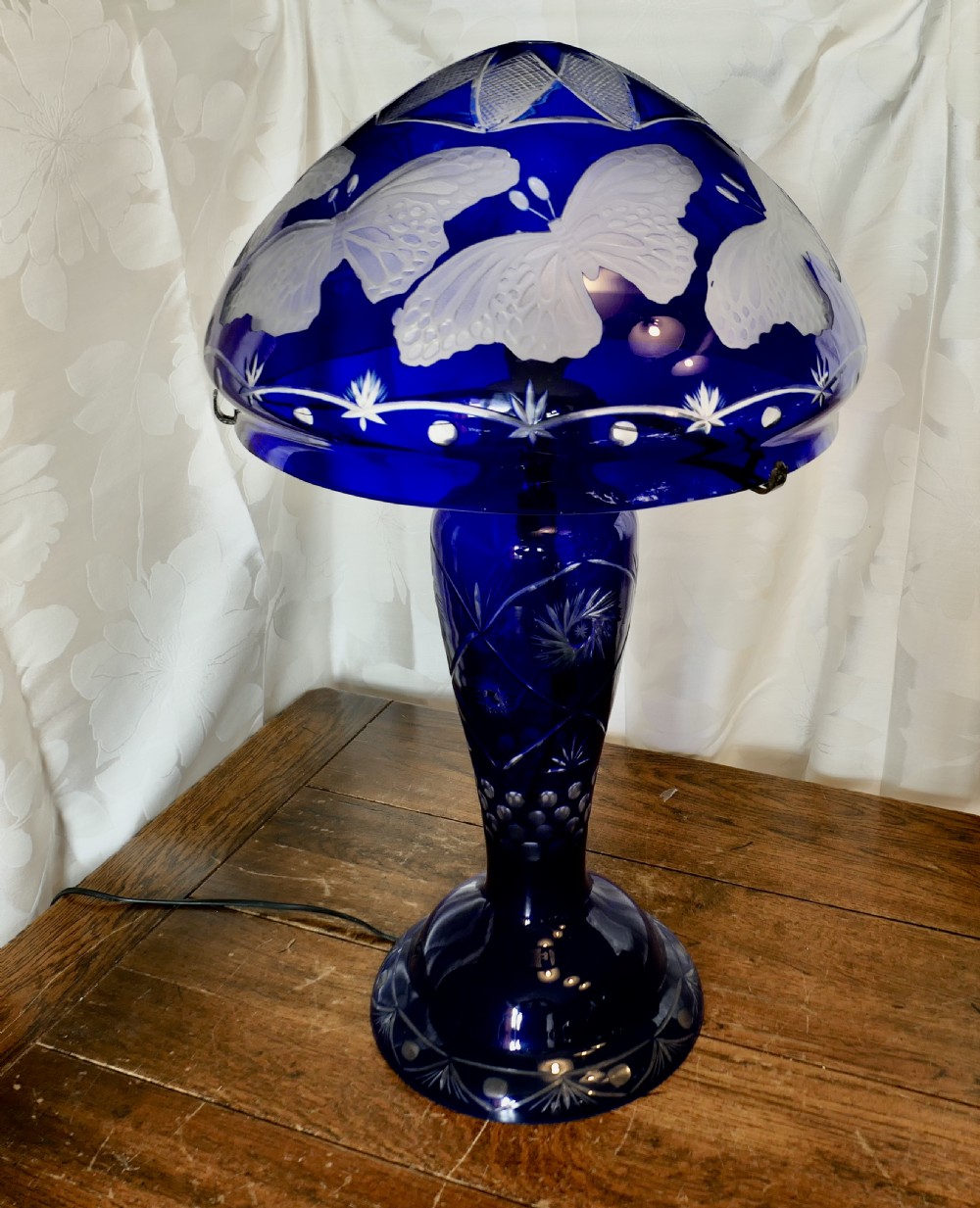 Bristol Cobalt Blue Cut Glass Lamp with Glass Shade View VIII