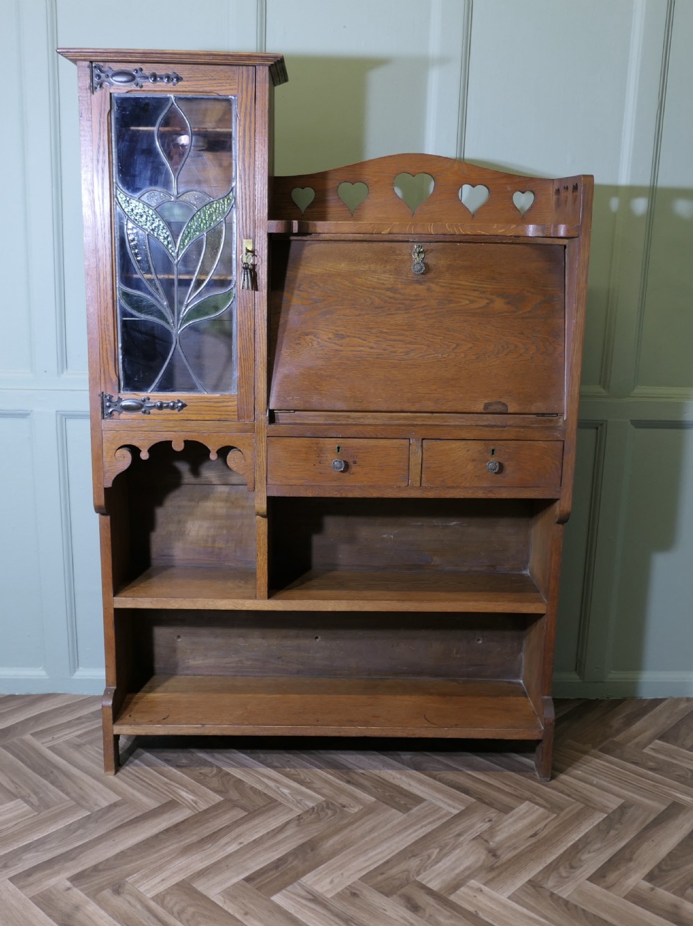 Arts and Crafts Golden Oak Stained Glass Students Bureau, Book Case View II