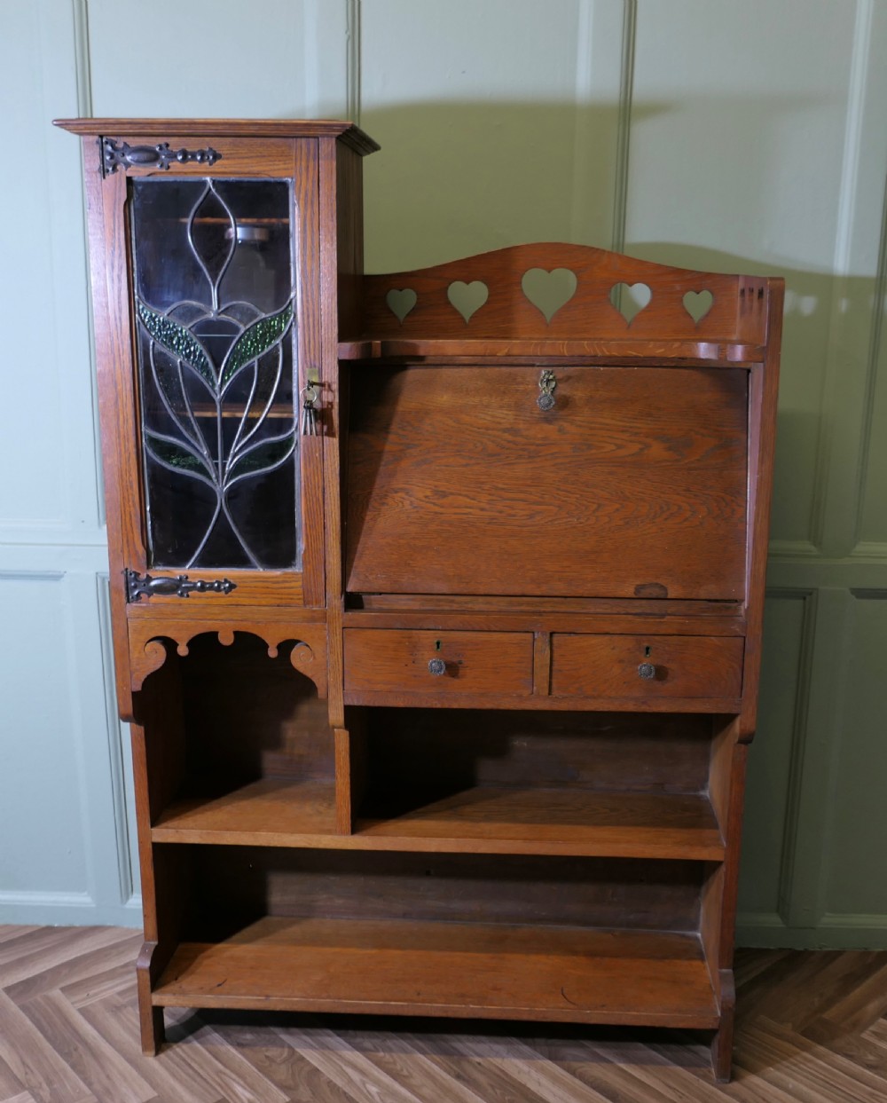 Arts and Crafts Golden Oak Stained Glass Students Bureau, Book Case View III