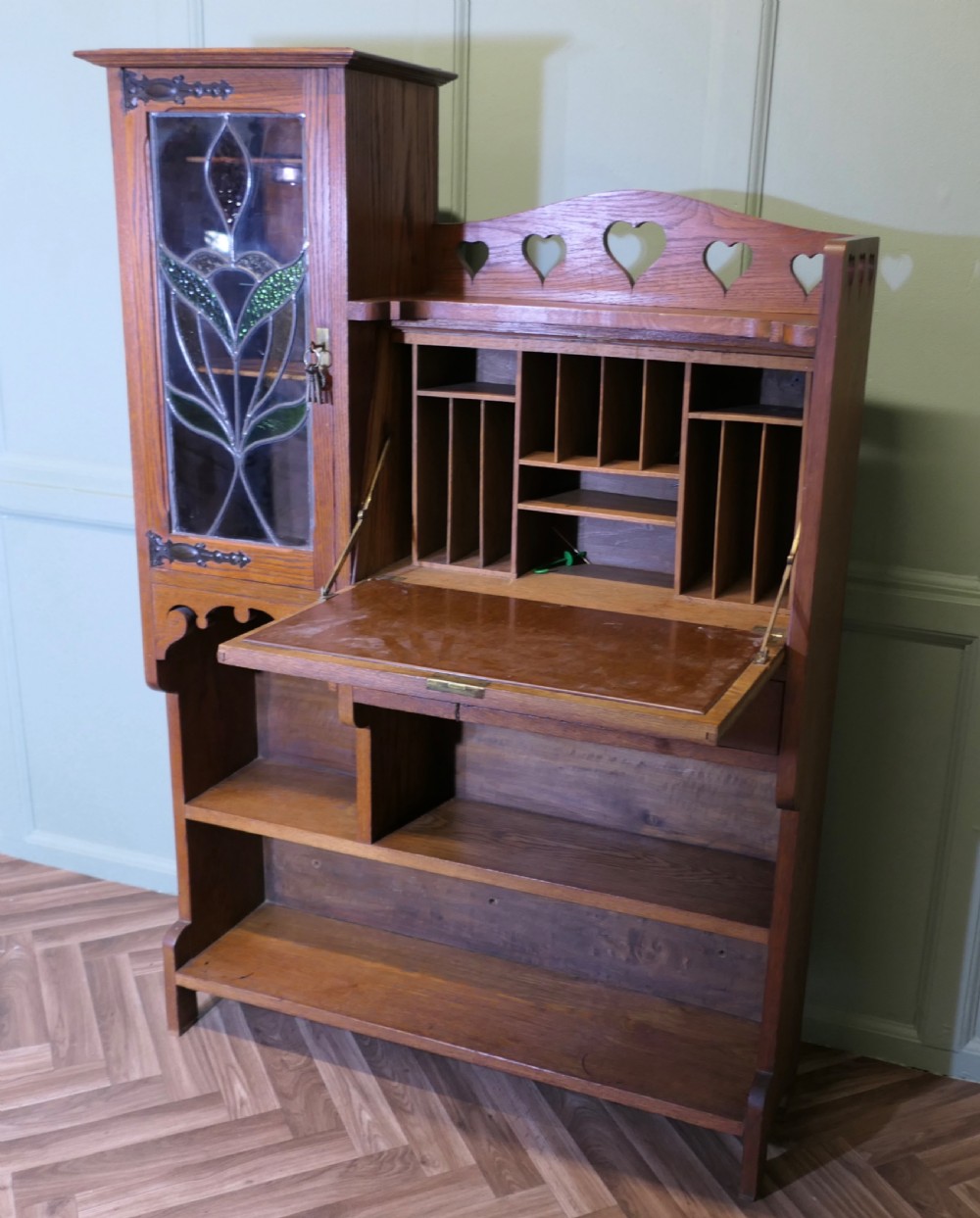 Arts and Crafts Golden Oak Stained Glass Students Bureau, Book Case View VI