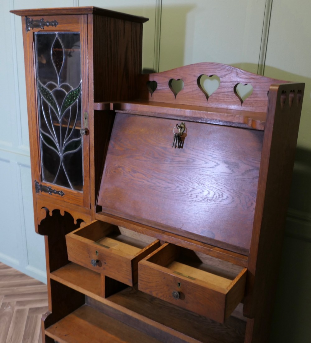 Arts and Crafts Golden Oak Stained Glass Students Bureau, Book Case View VII