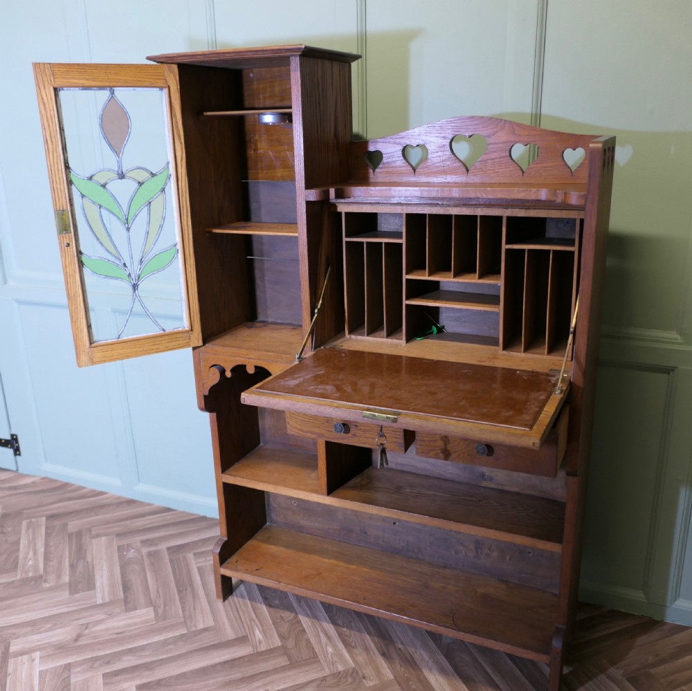 Arts and Crafts Golden Oak Stained Glass Students Bureau, Book Case View IX