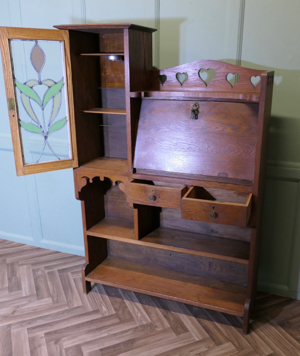 Arts and Crafts Golden Oak Stained Glass Students Bureau, Book Case View X