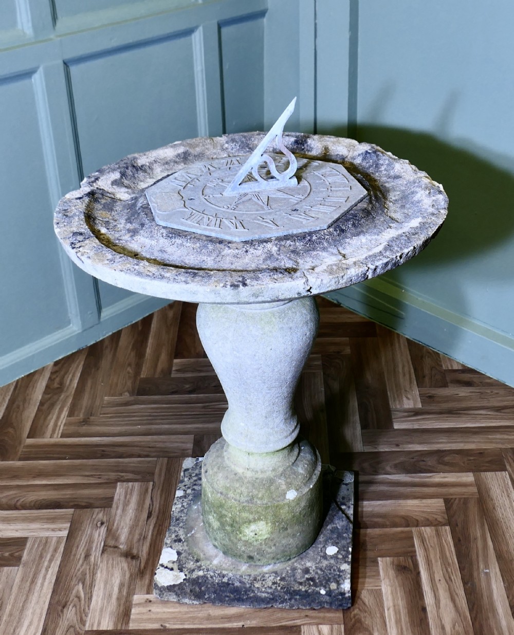 Weathered Carved Stone Bird Bath, Sun Dial