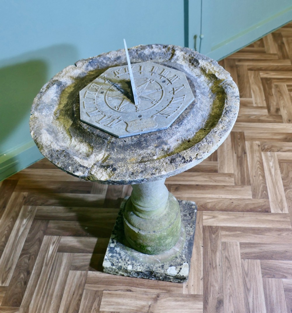 Weathered Carved Stone Bird Bath, Sun Dial View V