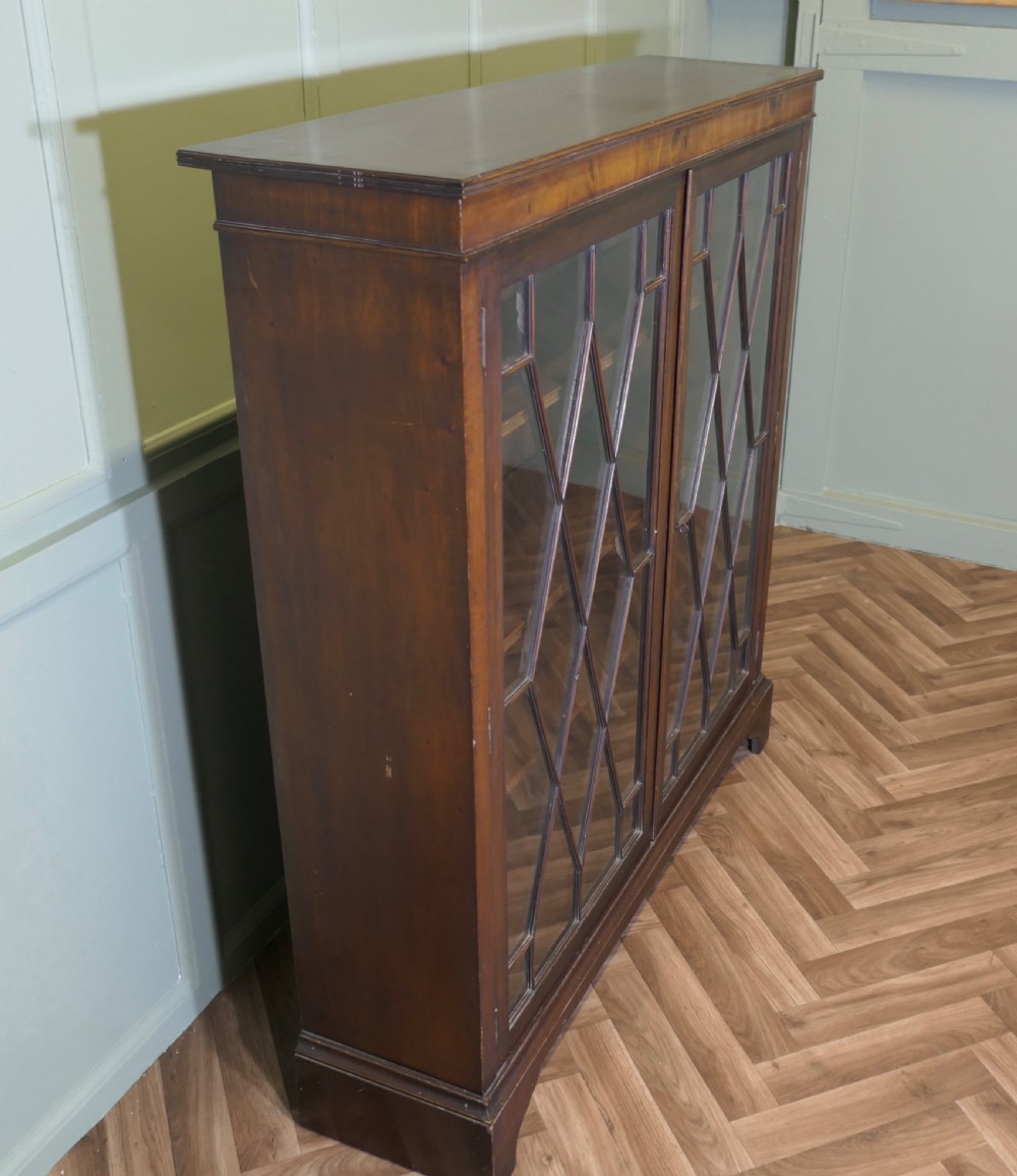 An Edwardian mahogany bookcase featuring two astragal glazed glass doors with geometric lattice patterns, internal wooden shelves, and bracket feet. View V