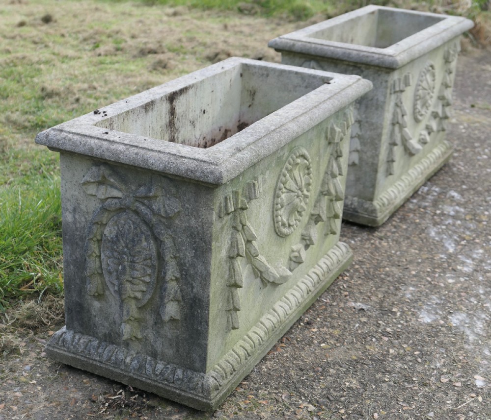 A Pair of Large Weathered Decorative Rectangular Planters View II