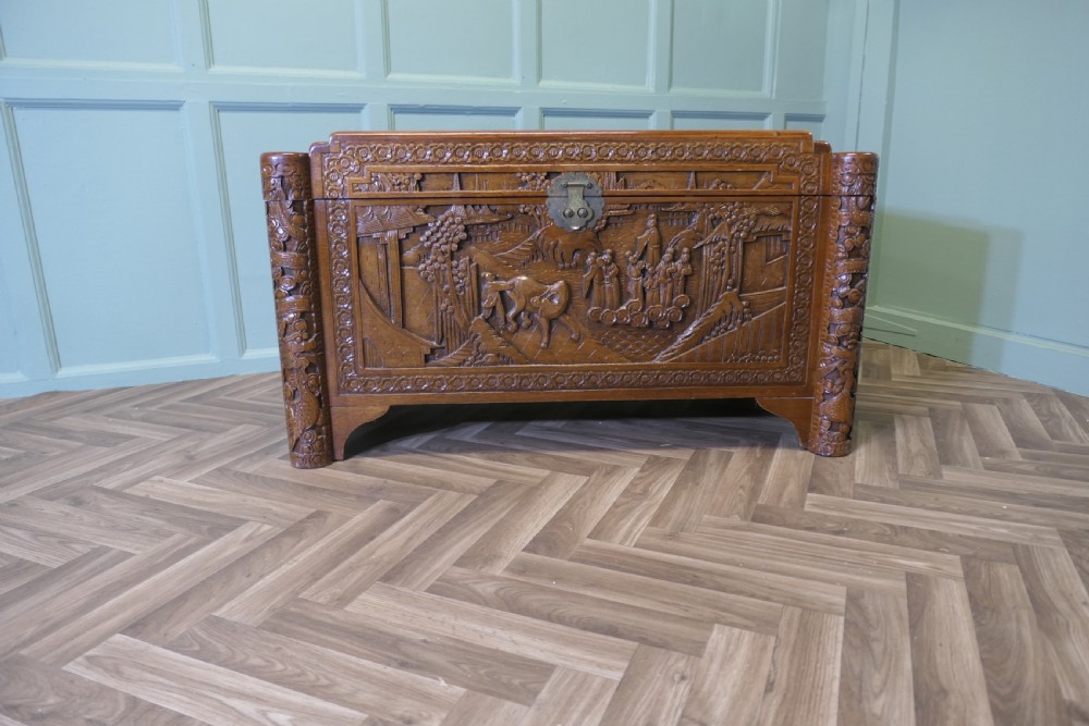 Art Deco Oriental Carved Camphor Wood Chest