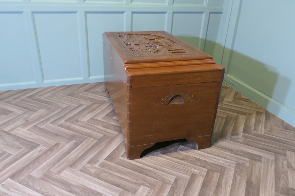 Art Deco Oriental Carved Camphor Wood Chest View V