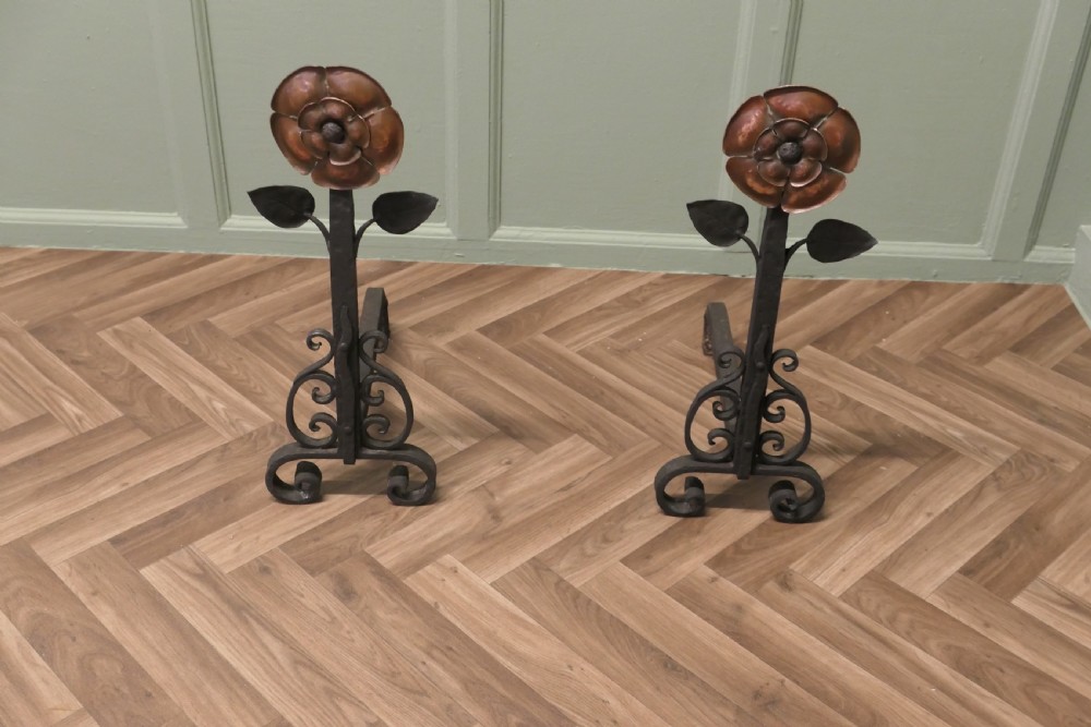 A Pair of Large Arts and Crafts Copper and Iron Andirons or Fire Dogs View II