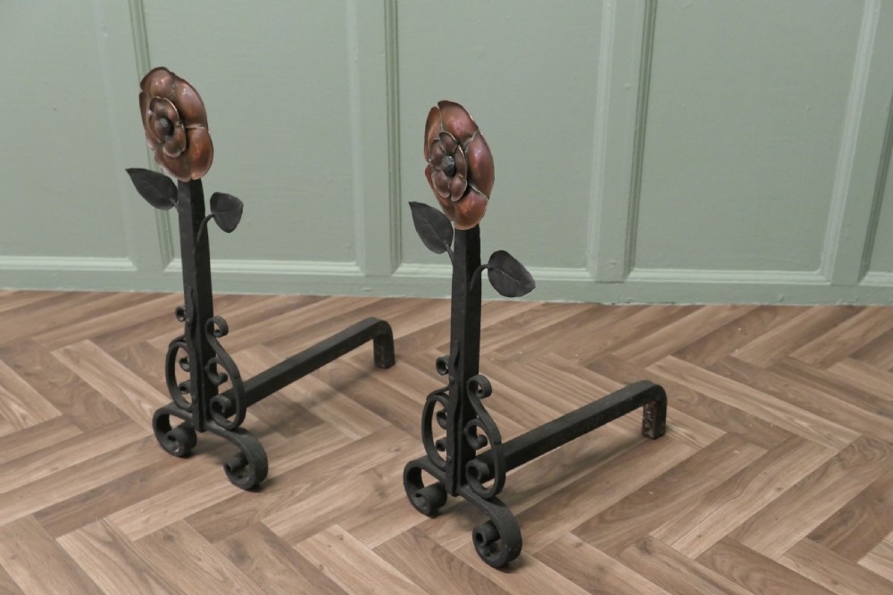 A Pair of Large Arts and Crafts Copper and Iron Andirons or Fire Dogs View III