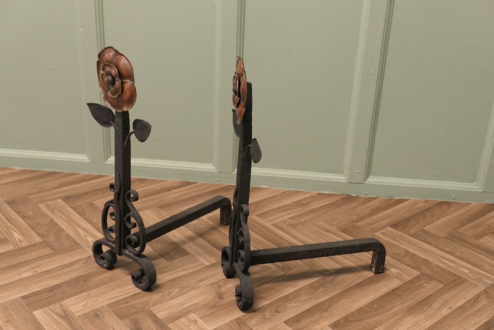 A Pair of Large Arts and Crafts Copper and Iron Andirons or Fire Dogs View V