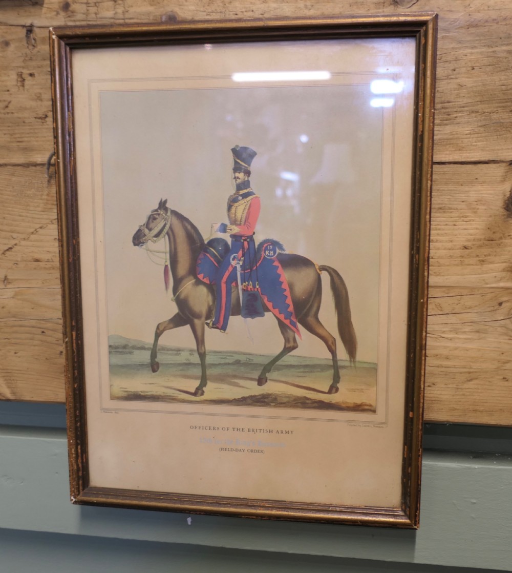 A set of five framed antique prints depicting British Army cavalry officers in uniform mounted on horses. View II