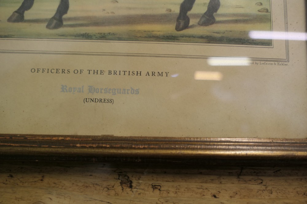 A set of five framed antique prints depicting British Army cavalry officers in uniform mounted on horses. View IV