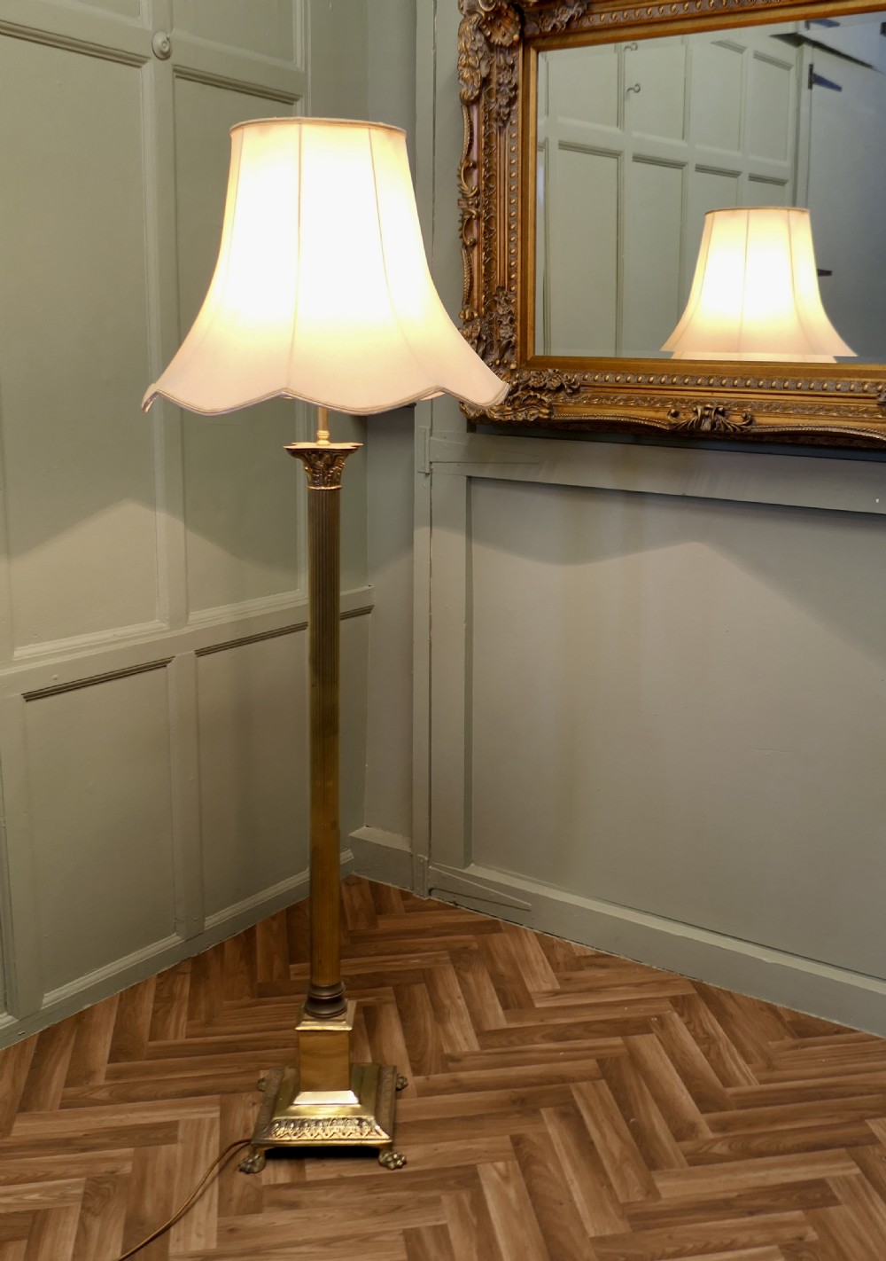 A Neoclassical brass column standard lamp featuring a fluted shaft, stepped plinth base with claw feet, and a pleated scalloped cream fabric shade. View III