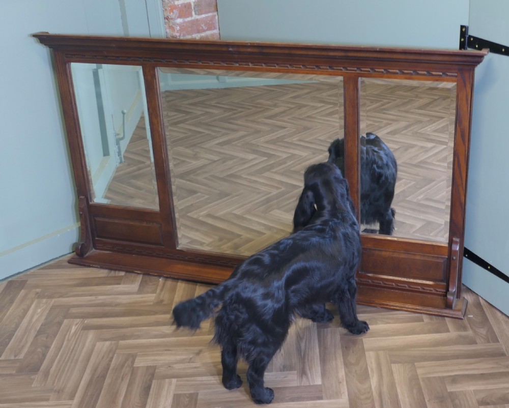 A wide dark oak overmantel frame featuring three rectangular glass mirror panels with carved moulding details along the top frieze and lower edge. View II