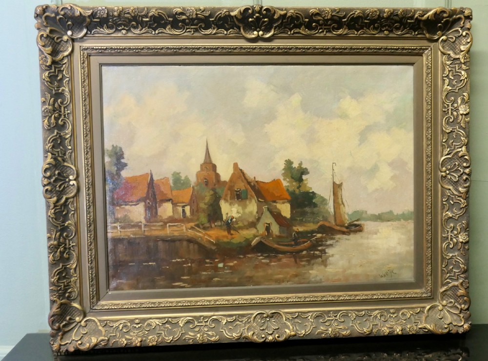 19th Century Oil Painting, signed W.VDijk, Village from the Water