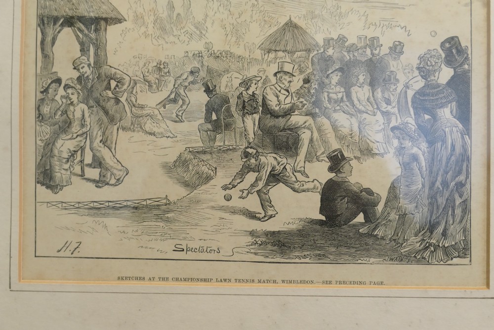 A monochrome 1879 Victorian woodcut print depicting spectators gathered in period attire at a Wimbledon lawn tennis match.