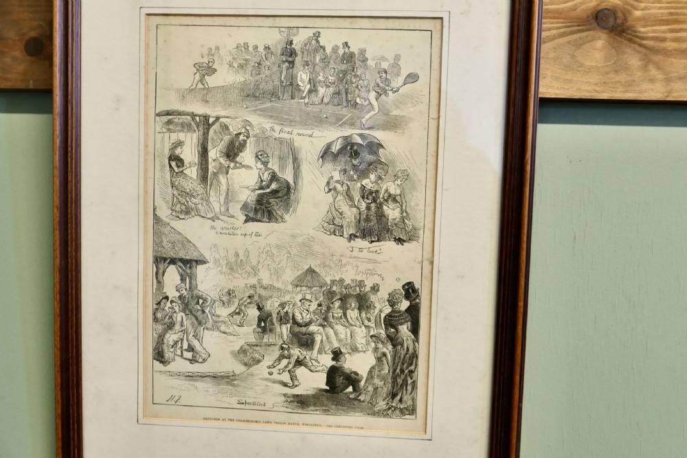 A monochrome 1879 Victorian woodcut print depicting spectators gathered in period attire at a Wimbledon lawn tennis match. View II