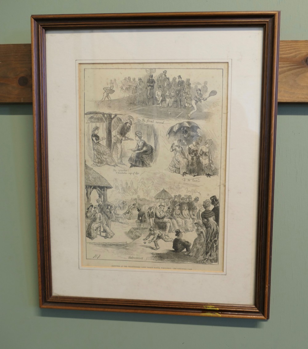A monochrome 1879 Victorian woodcut print depicting spectators gathered in period attire at a Wimbledon lawn tennis match. View III