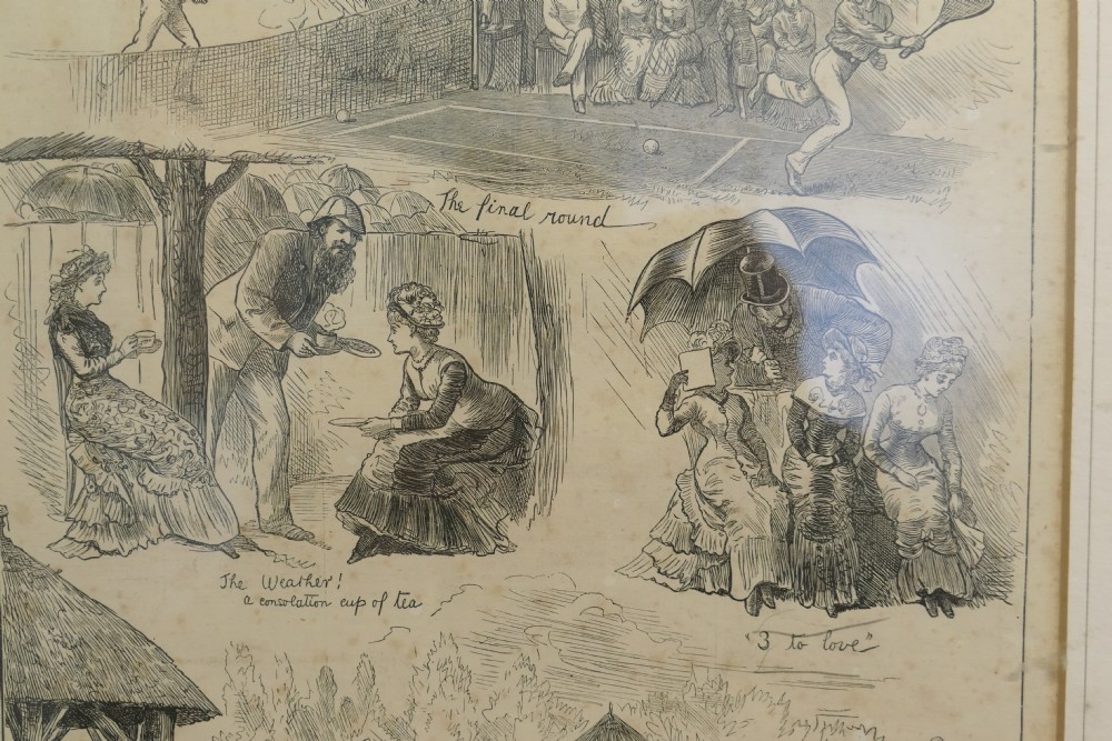 A monochrome 1879 Victorian woodcut print depicting spectators gathered in period attire at a Wimbledon lawn tennis match. View IV