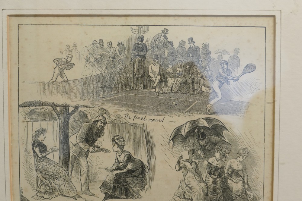 A monochrome 1879 Victorian woodcut print depicting spectators gathered in period attire at a Wimbledon lawn tennis match. View VI