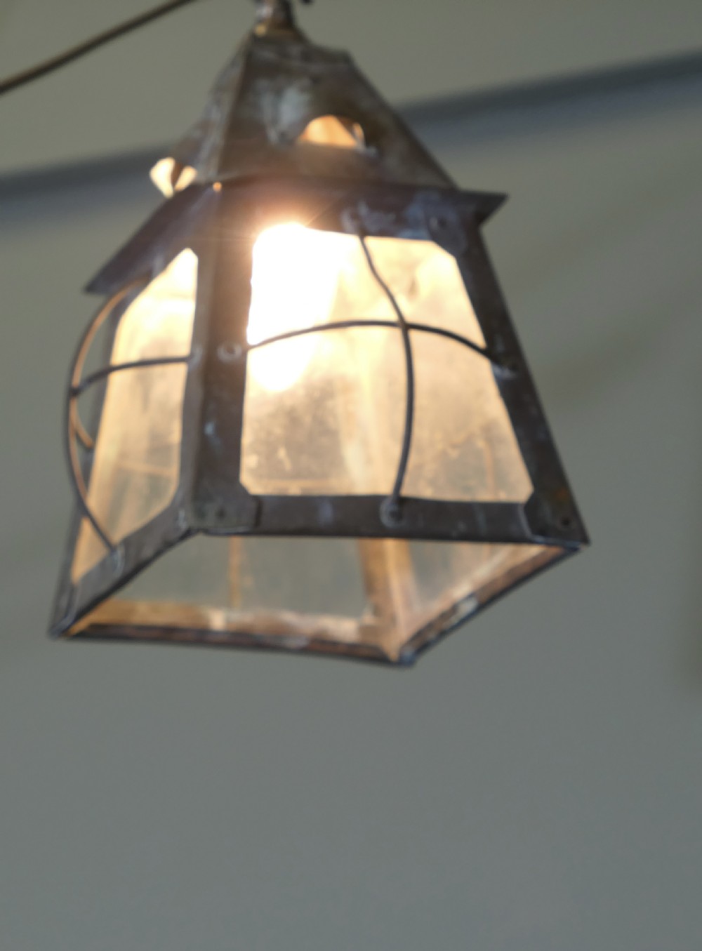 Arts and Crafts Hand Beaten Copper Hall Lantern Ceiling Light View II