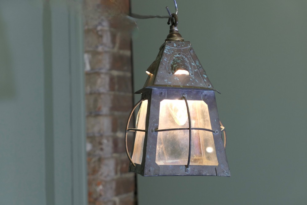 Arts and Crafts Hand Beaten Copper Hall Lantern Ceiling Light View III