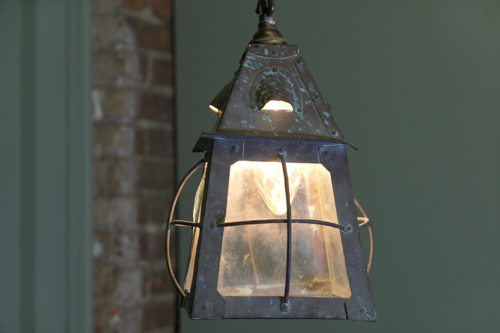 Arts and Crafts Hand Beaten Copper Hall Lantern Ceiling Light View IV