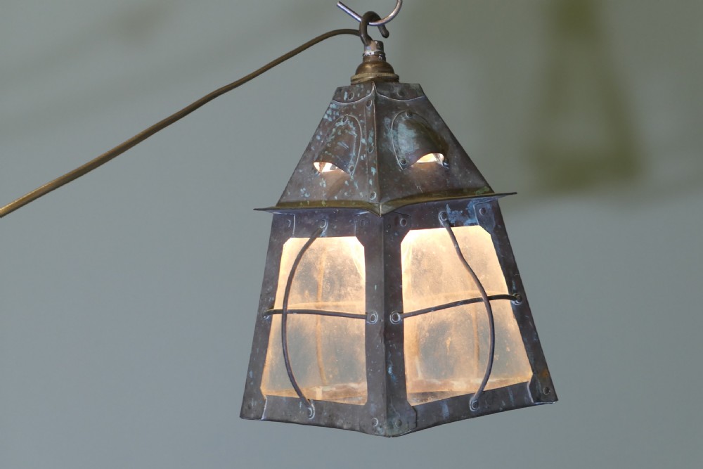 Arts and Crafts Hand Beaten Copper Hall Lantern Ceiling Light View V