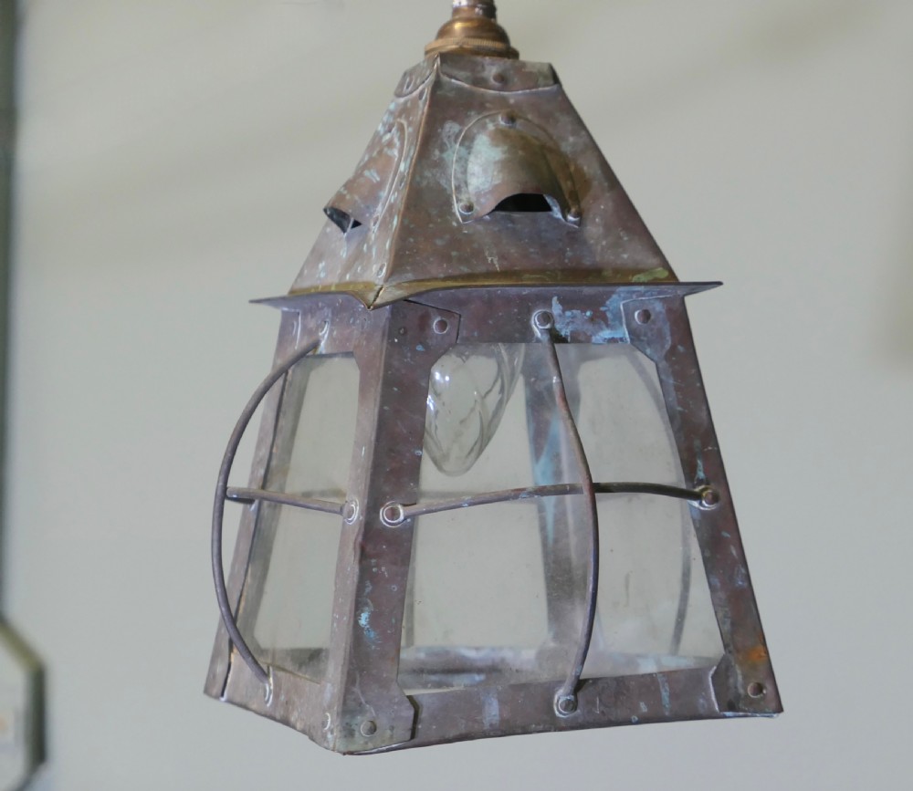 Arts and Crafts Hand Beaten Copper Hall Lantern Ceiling Light View VI