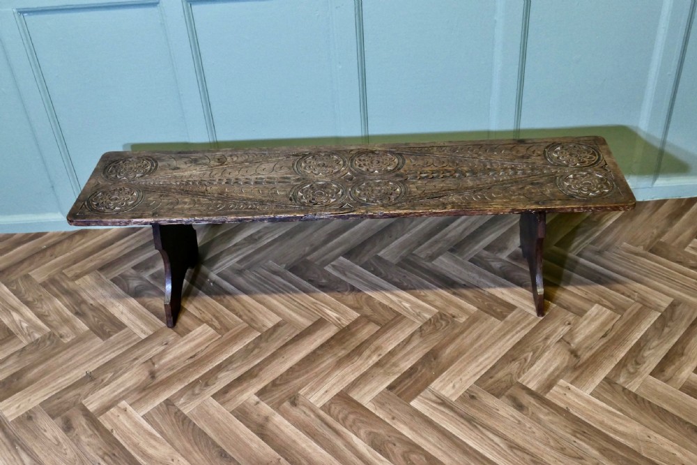 Gothic Carved Oak Window Seat, Plank Bench