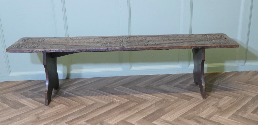 Gothic Carved Oak Window Seat, Plank Bench View II