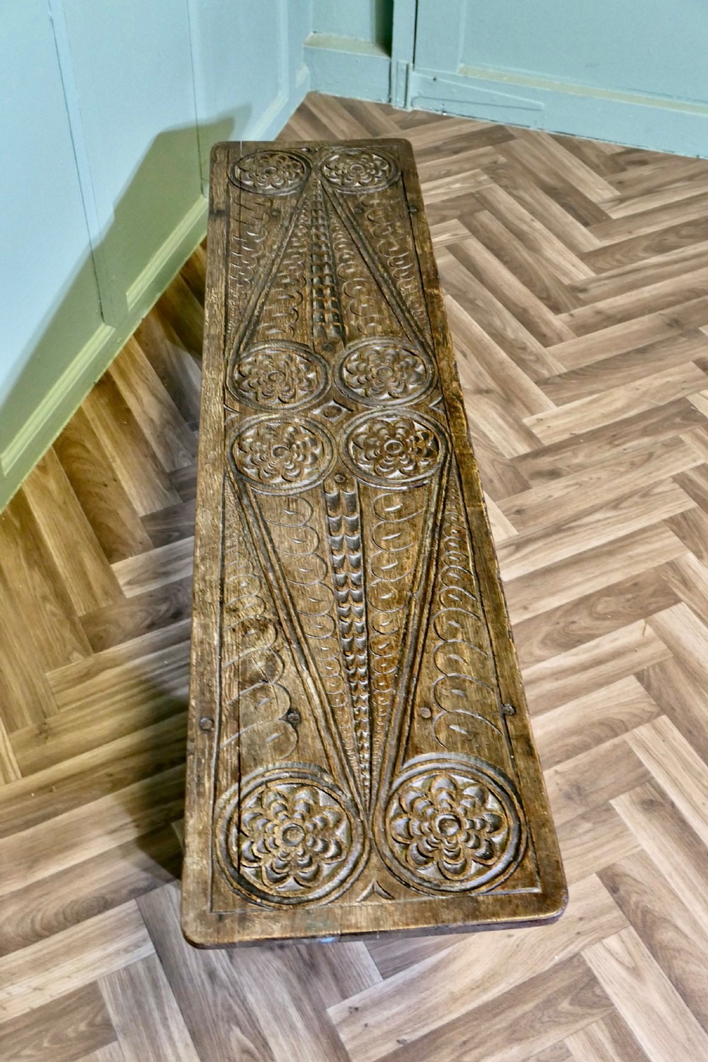 Gothic Carved Oak Window Seat, Plank Bench View III