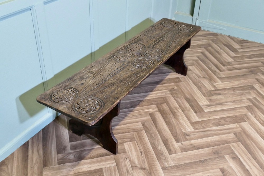 Gothic Carved Oak Window Seat, Plank Bench View IV