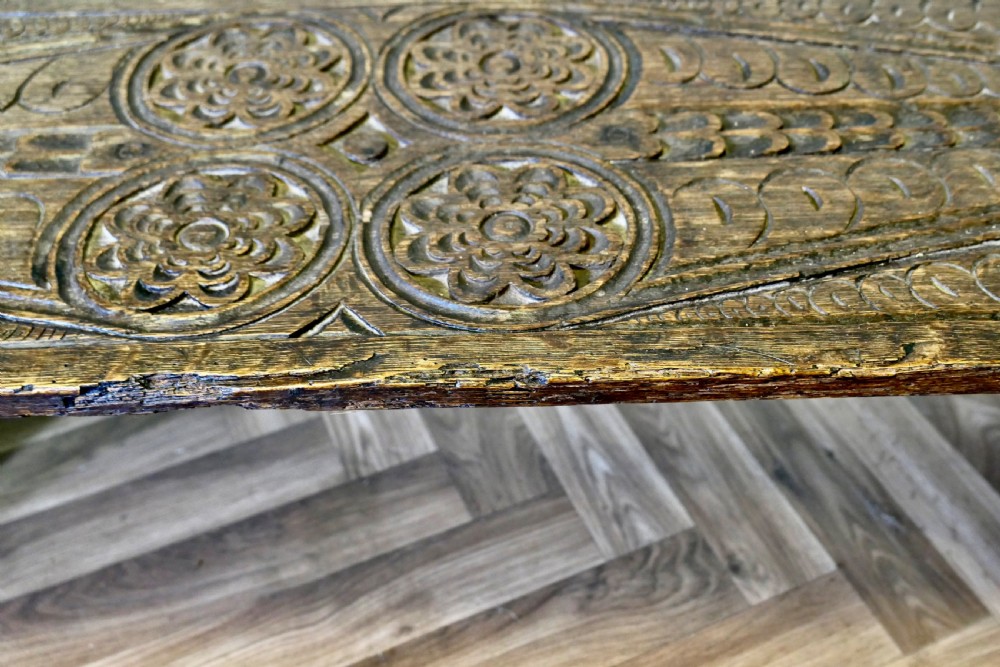Gothic Carved Oak Window Seat, Plank Bench View V