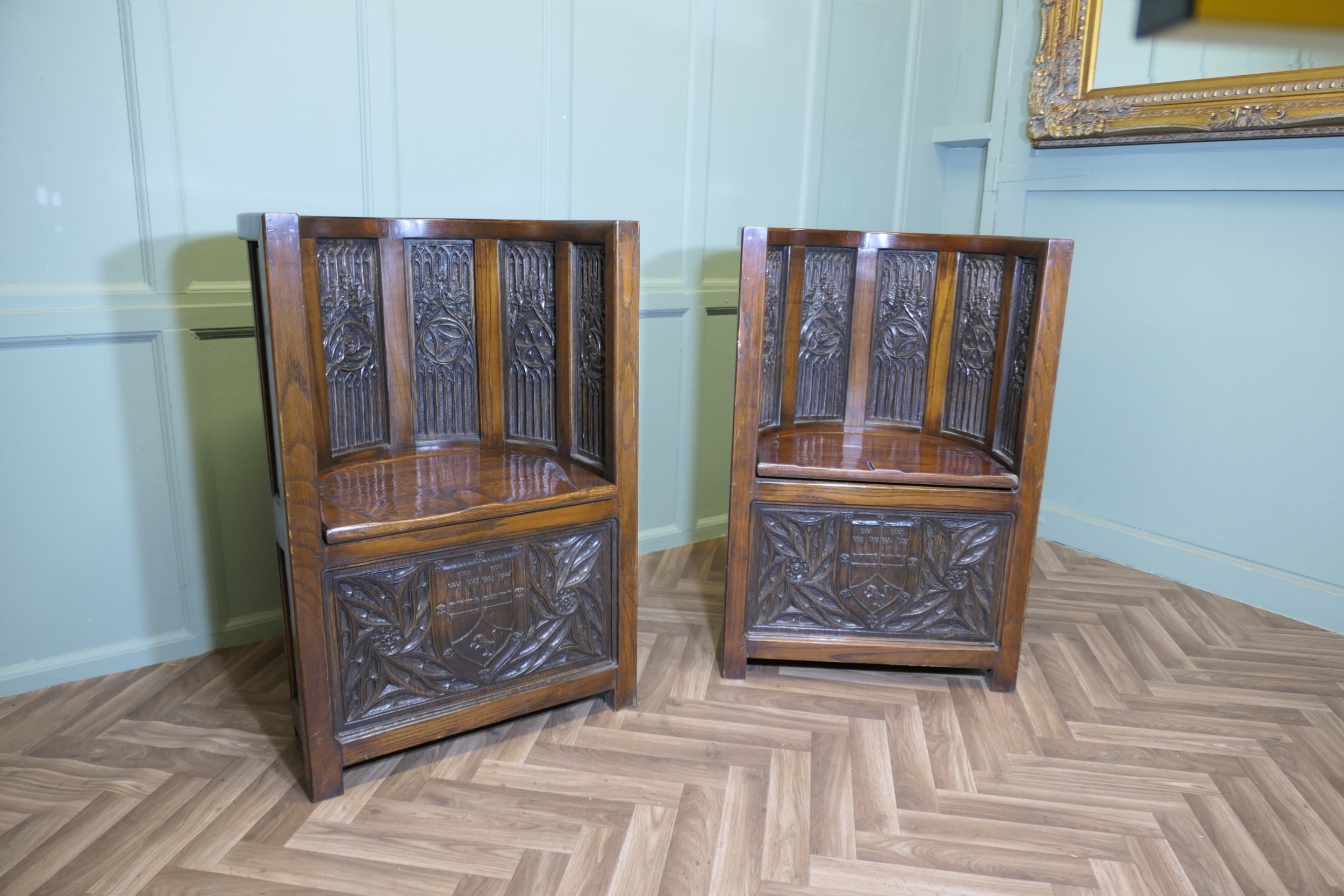 Arts and Crafts Carved Barrel Back Hall or Library Chairs