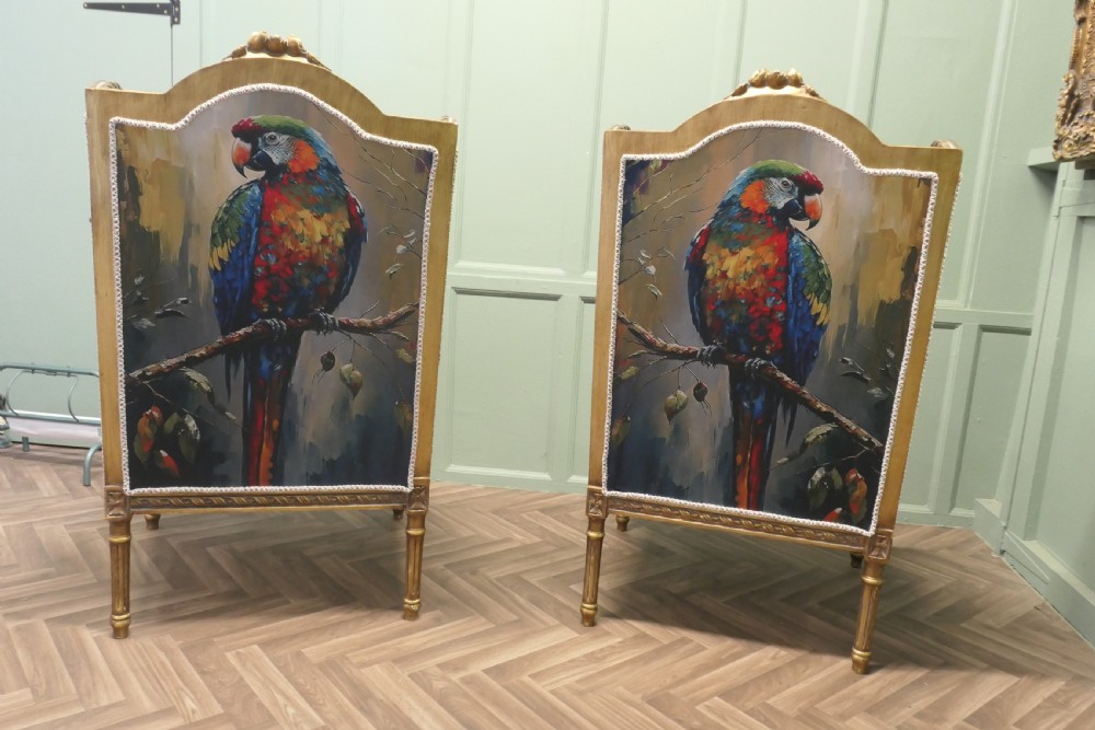 A Pair of Salon Chairs with Silk Parrot Design View II