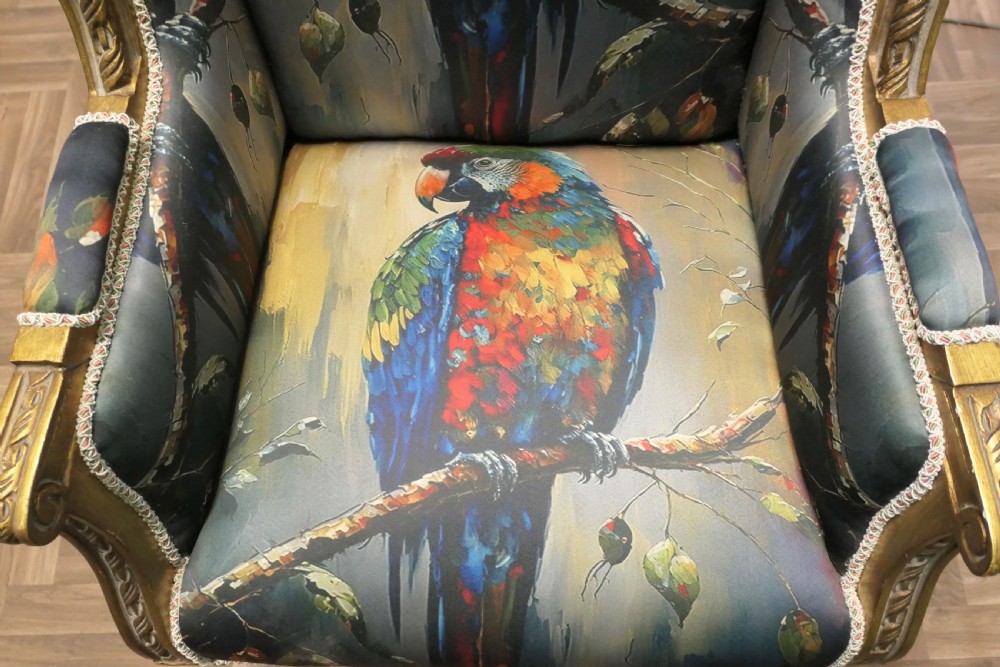 A Pair of Salon Chairs with Silk Parrot Design View IV