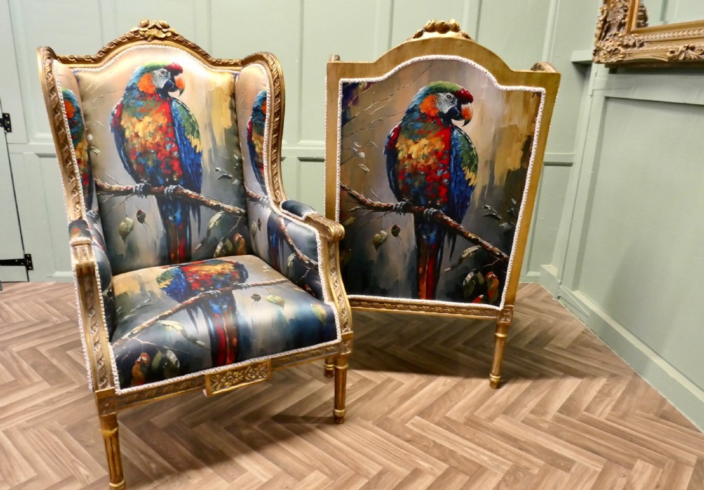 A Pair of Salon Chairs with Silk Parrot Design View V