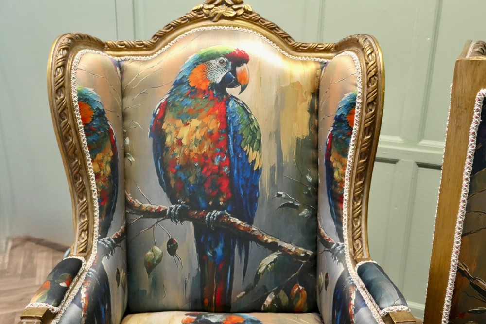 A Pair of Salon Chairs with Silk Parrot Design View VI
