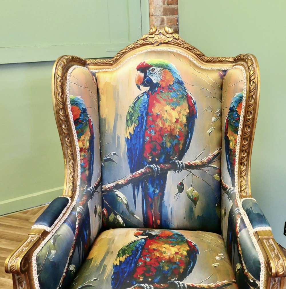 A Pair of Salon Chairs with Silk Parrot Design View VII