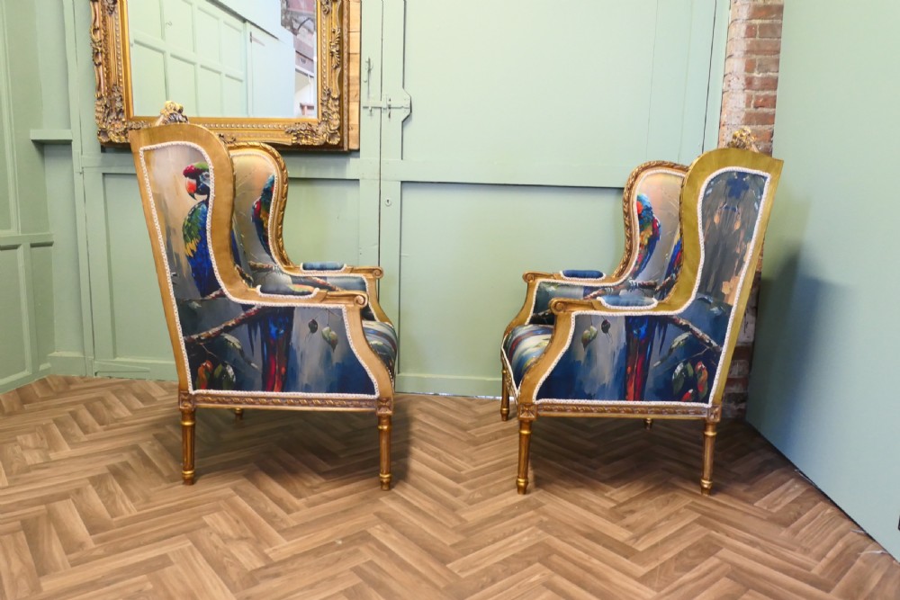 A Pair of Salon Chairs with Silk Parrot Design View VIII