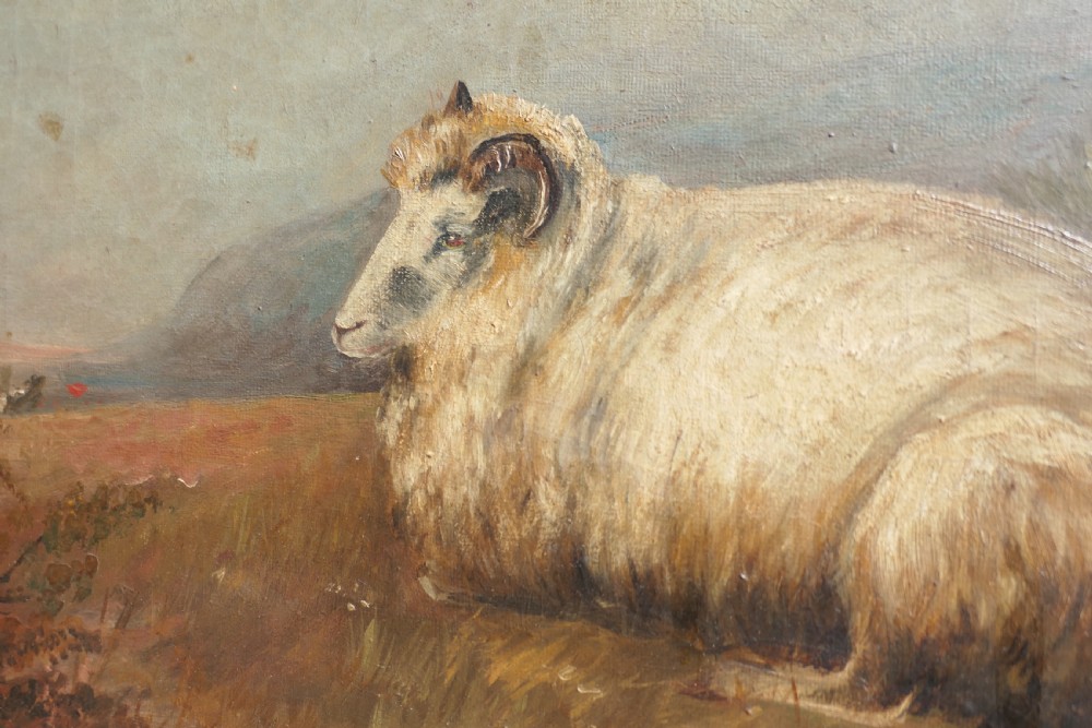 Large Unsigned Victorian Oil Painting, of a Cow and Sheep View III